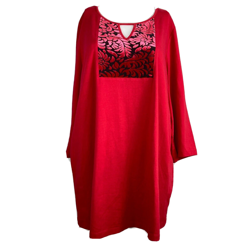 Catherines Top Womens Sz 14/16 Red Black Velvet Burnout Tunic‎ Shirt NEW
